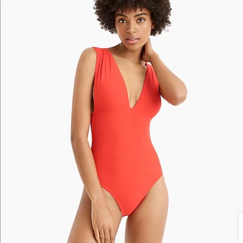 J Crew Red One Piece Plunge Swimwear NEW